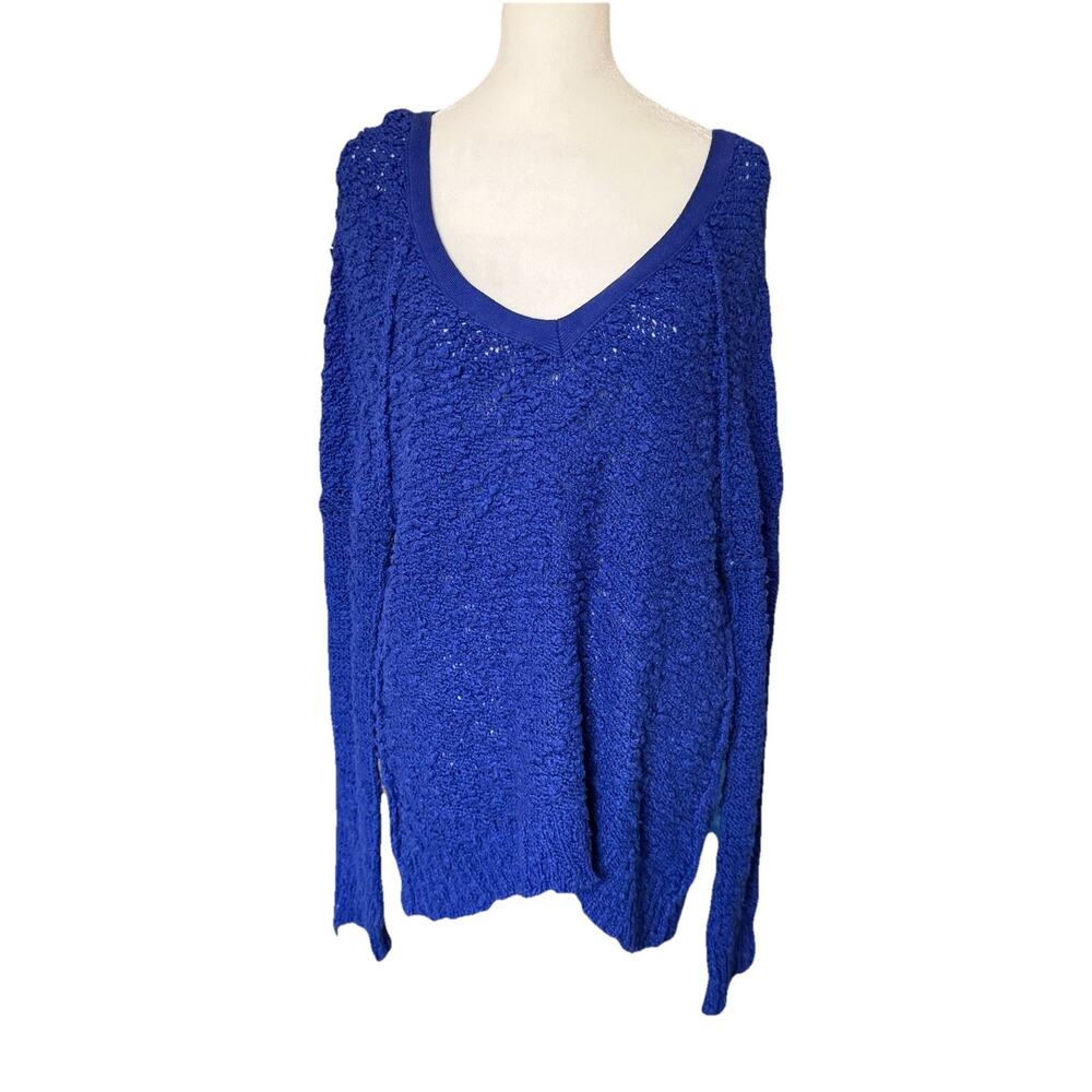 Free People Womens XS Tunic Sweater Blue Purple Vneck Chunky Open Knit Oversized